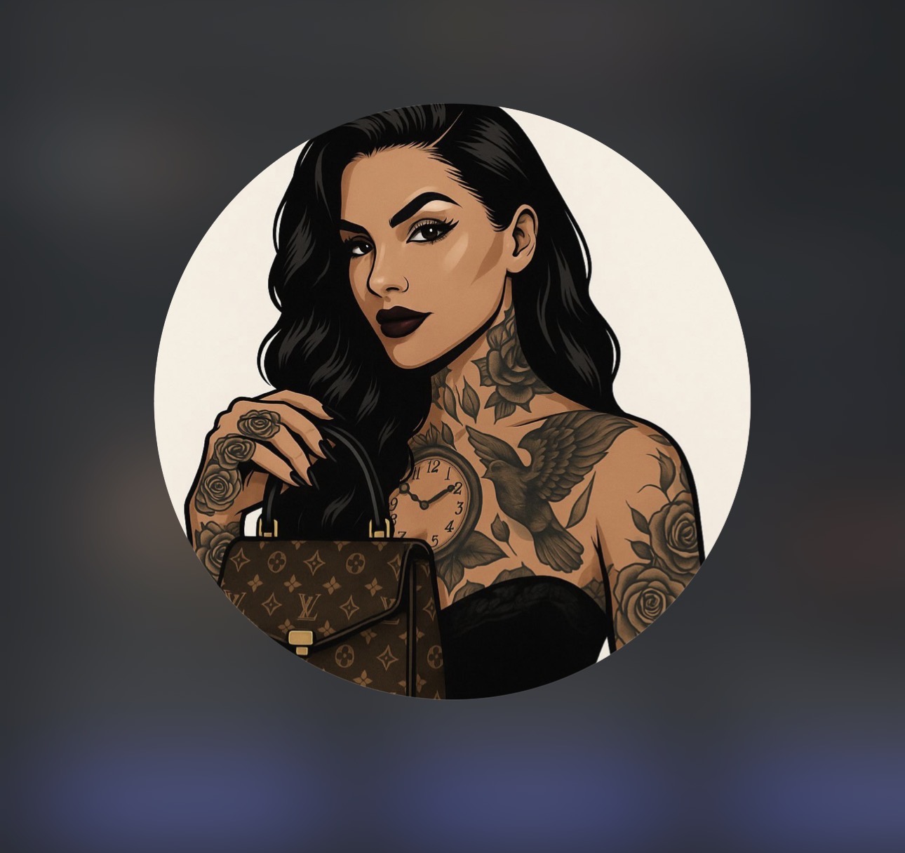 Kandi Bags illustration featuring tattooed woman with Louis Vuitton bag and rose motifs